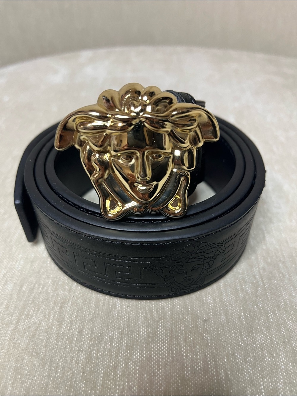 Black Leather Belt with Gold Medusa-Style Buckle